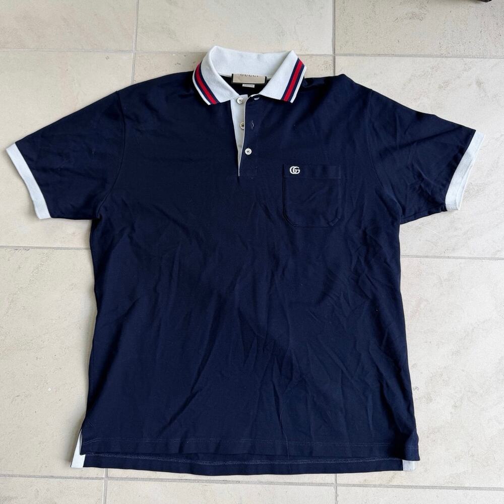 Gucci Polo Shirt Navy GG Logo Web Collar Stripe Short Sleeve Men XL